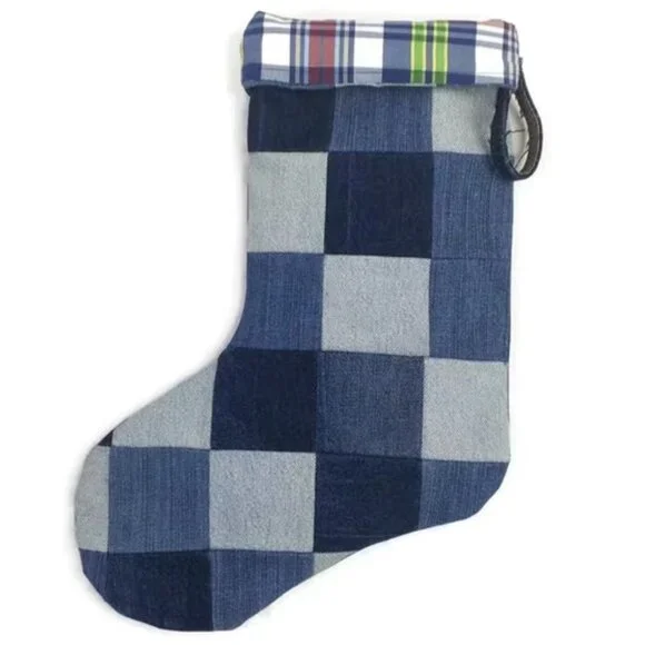 Hand Made Upcycled Blue Patchwork Denim Lined Hanging Christmas Stocking 17.5"